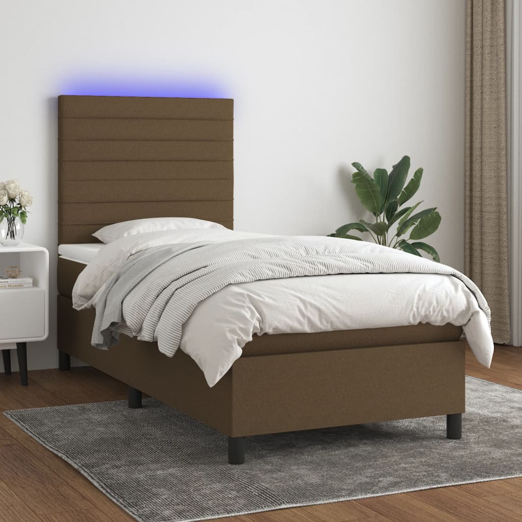 vidaXL Posteľ boxsping s matracom a LED tmavohnedá 90x190 cm látka