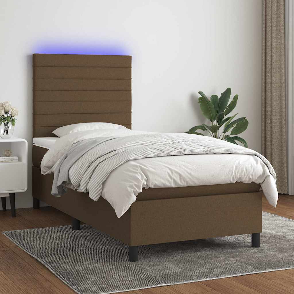 vidaXL Posteľ boxsping s matracom a LED tmavohnedá 90x200 cm látka