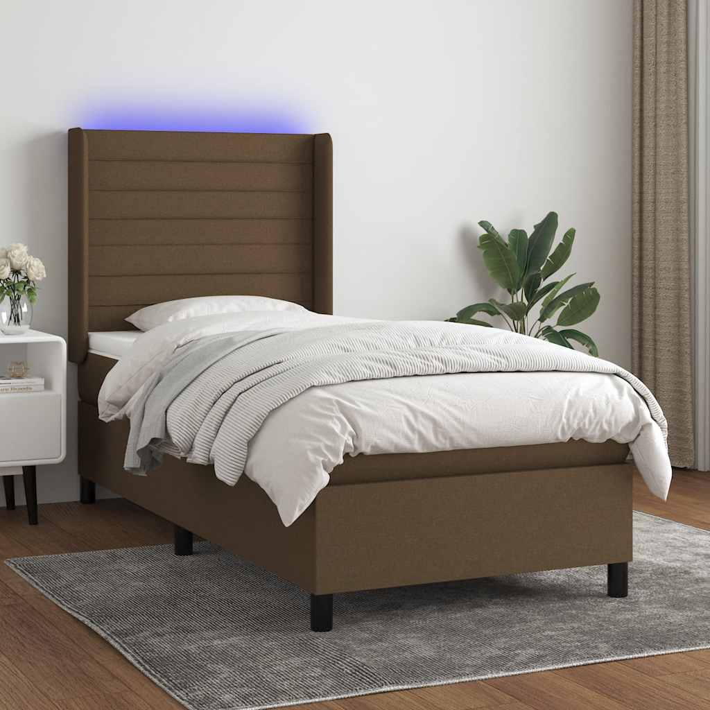 vidaXL Posteľ boxsping s matracom a LED tmavohnedá 90x200 cm látka
