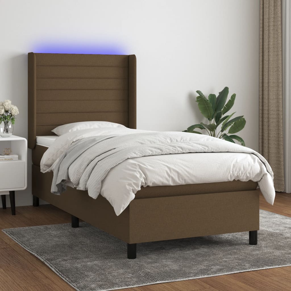 vidaXL Posteľ boxsping s matracom a LED tmavohnedá 90x190 cm látka
