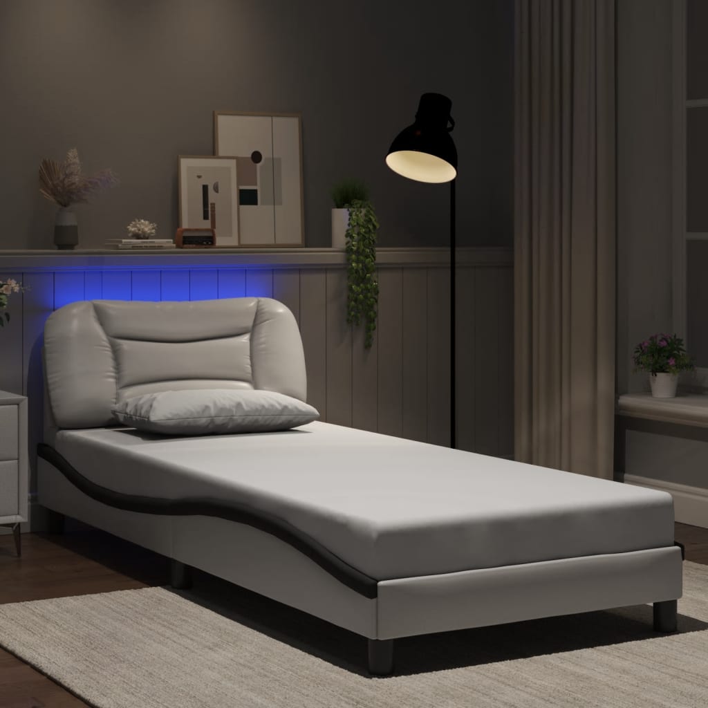 vidaXL Posteľný rám s LED svetlami, bielo čierny 80x200 cm, umelá koža