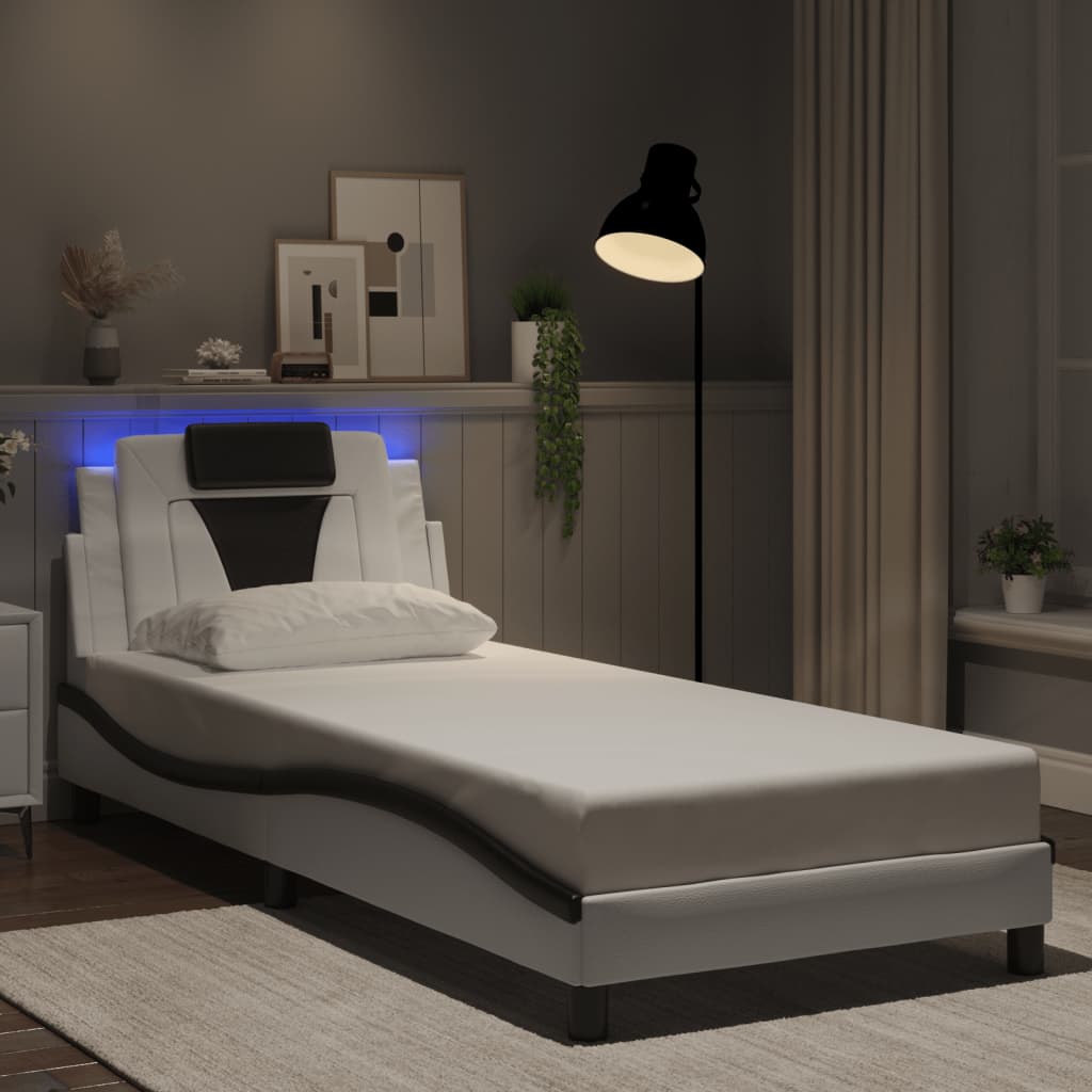vidaXL Posteľný rám s LED svetlami, bielo čierny 80x200 cm, umelá koža