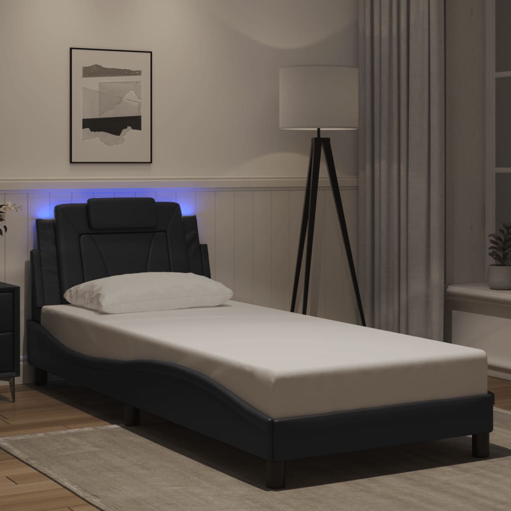 vidaXL Posteľný rám s LED svetlami, čierny 90x200 cm, umelá koža