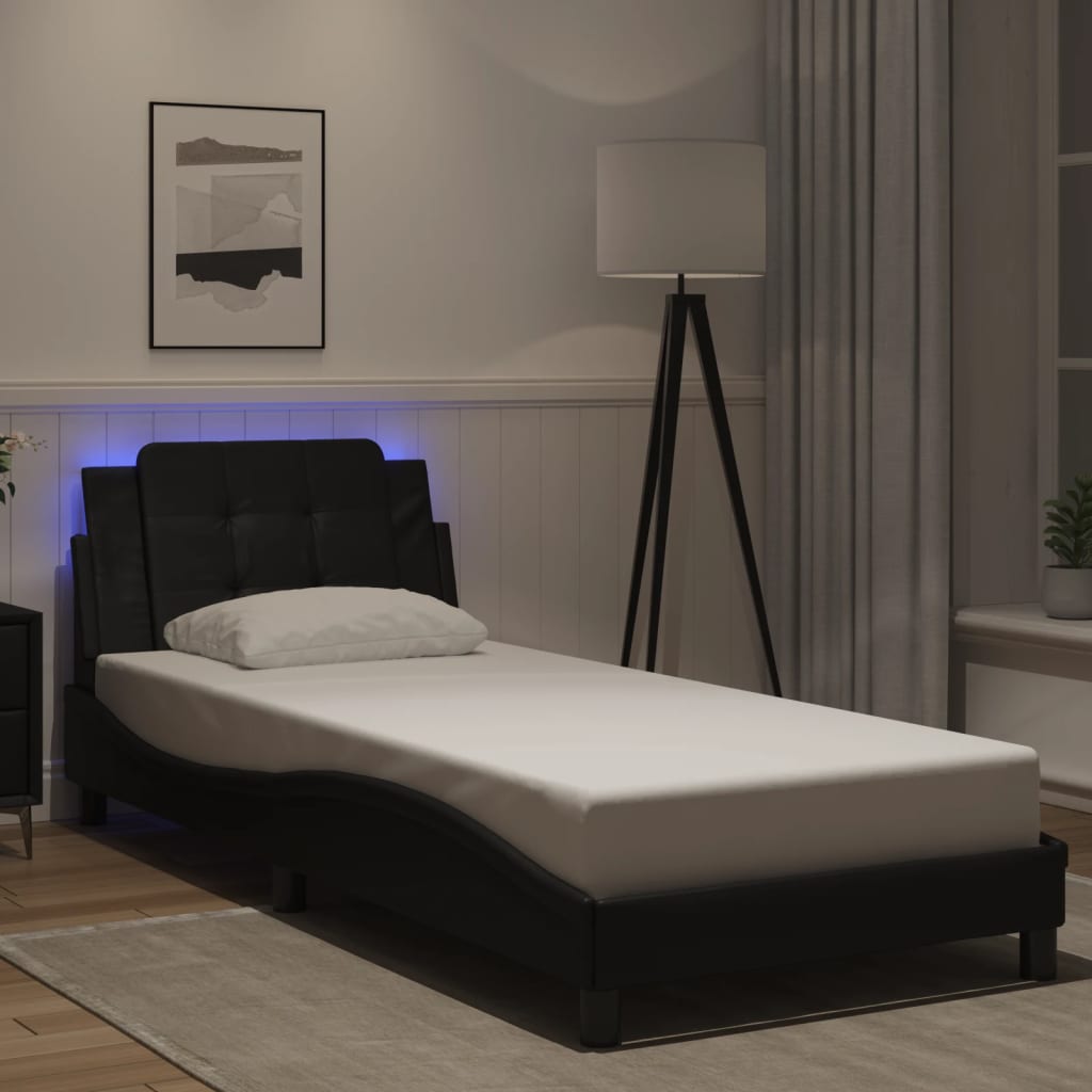 vidaXL Posteľný rám s LED svetlami, čierny 90x200 cm, umelá koža