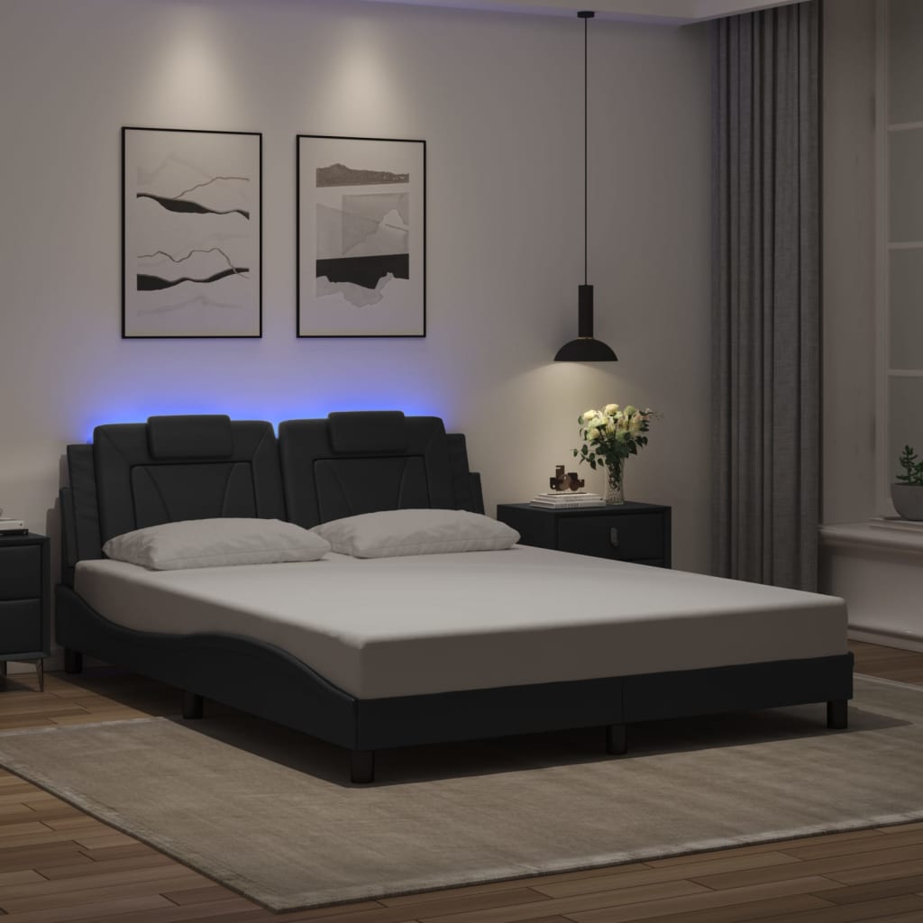 vidaXL Posteľný rám s LED svetlami, čierny 160x200 cm, umelá koža