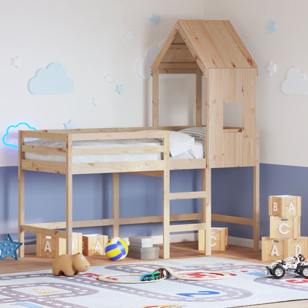 vidaXL Vyvýšená posteľ rebrík strecha biela 90x200 cm masívna borovica