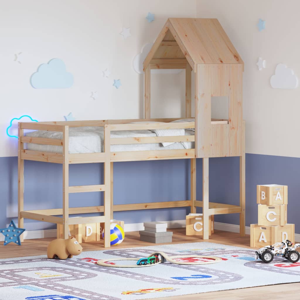 vidaXL Vyvýšená posteľ rebrík strecha biela 90x200 cm masívna borovica