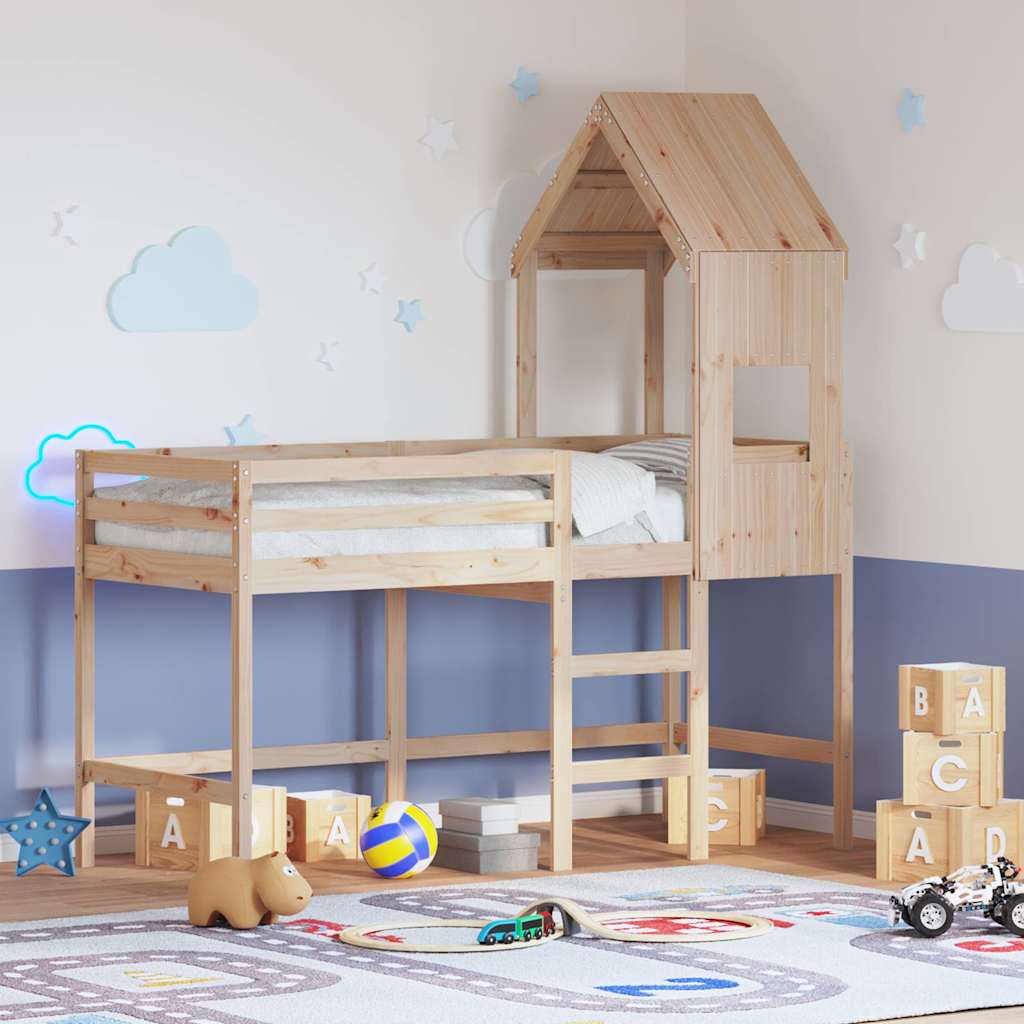 vidaXL Vyvýšená posteľ rebrík strecha 90x190 cm masívna borovica