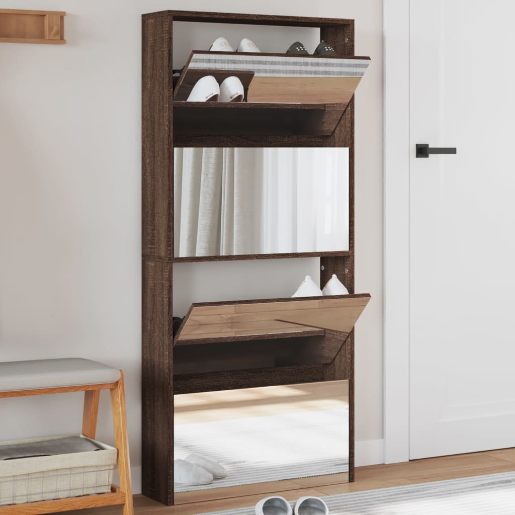 vidaXL Botník so zrkadlom 4-poschodový hnedý dub 63x17x134 cm