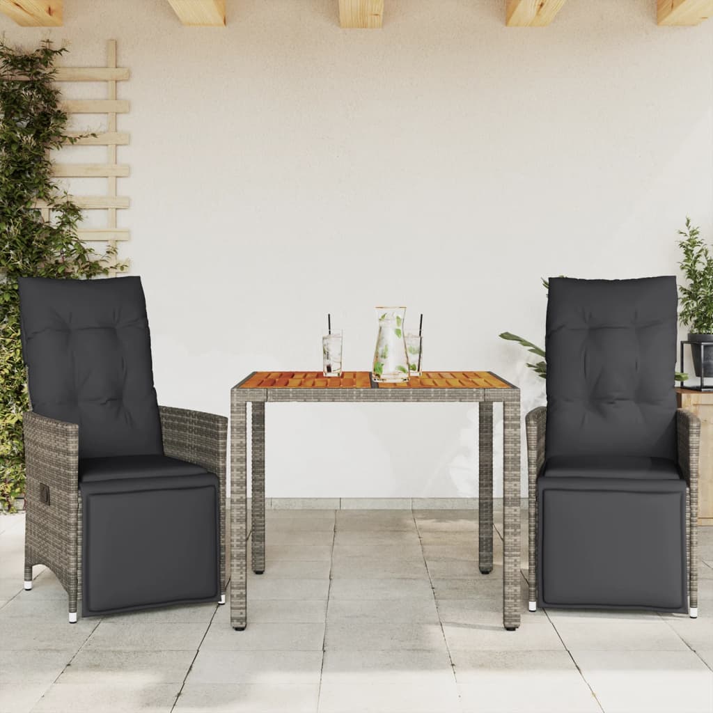 vidaXL 3-dielna záhradná bistro súprava s vankúšmi sivá polyratan