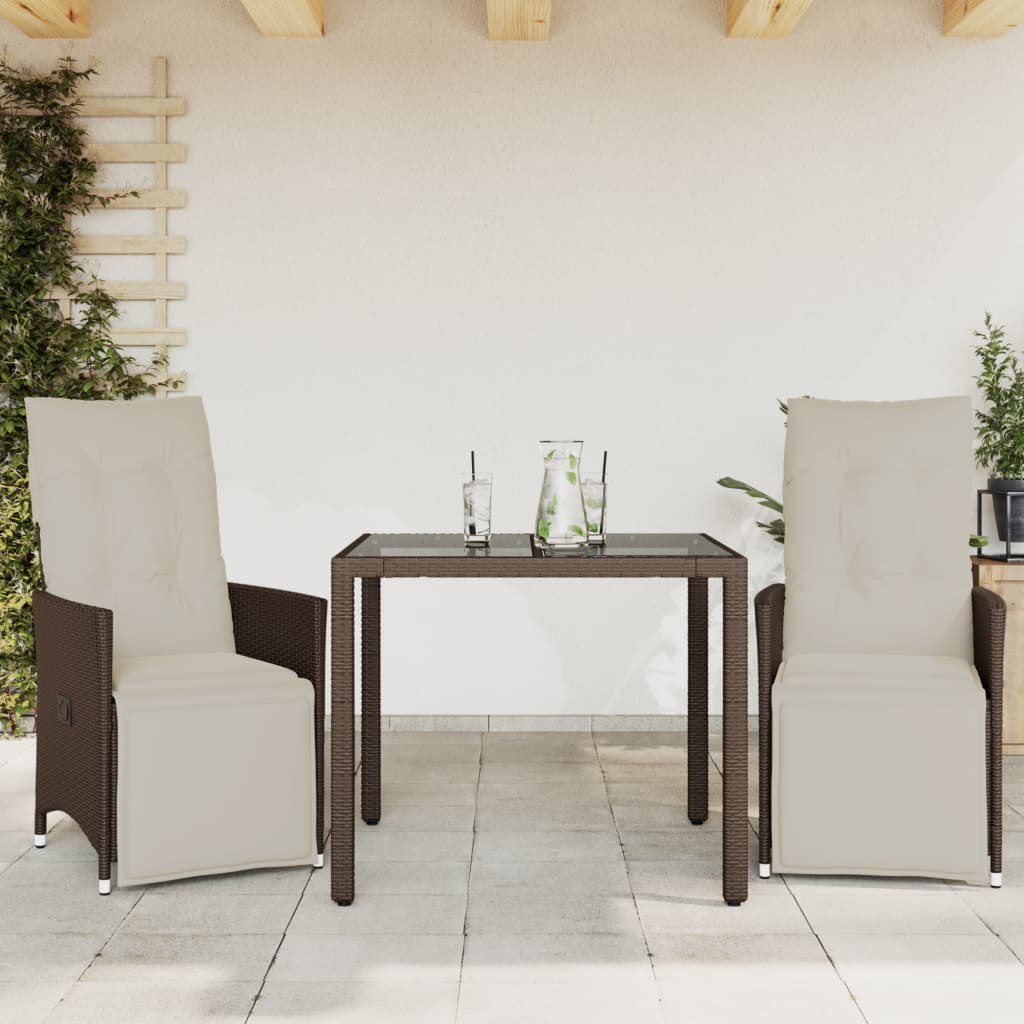 vidaXL 3-dielna záhradná bistro súprava s vankúšmi hnedá polyratanová