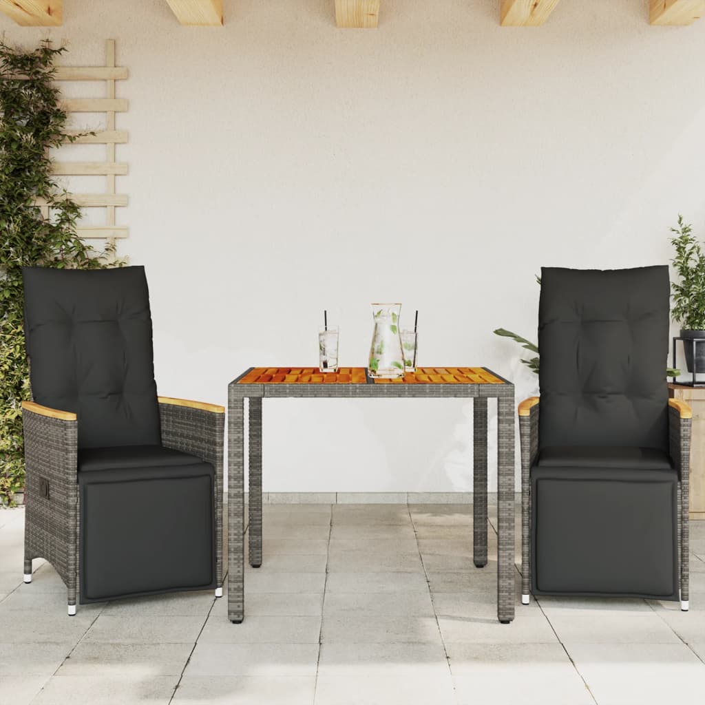 vidaXL 3-dielna záhradná bistro súprava s vankúšmi sivá polyratan