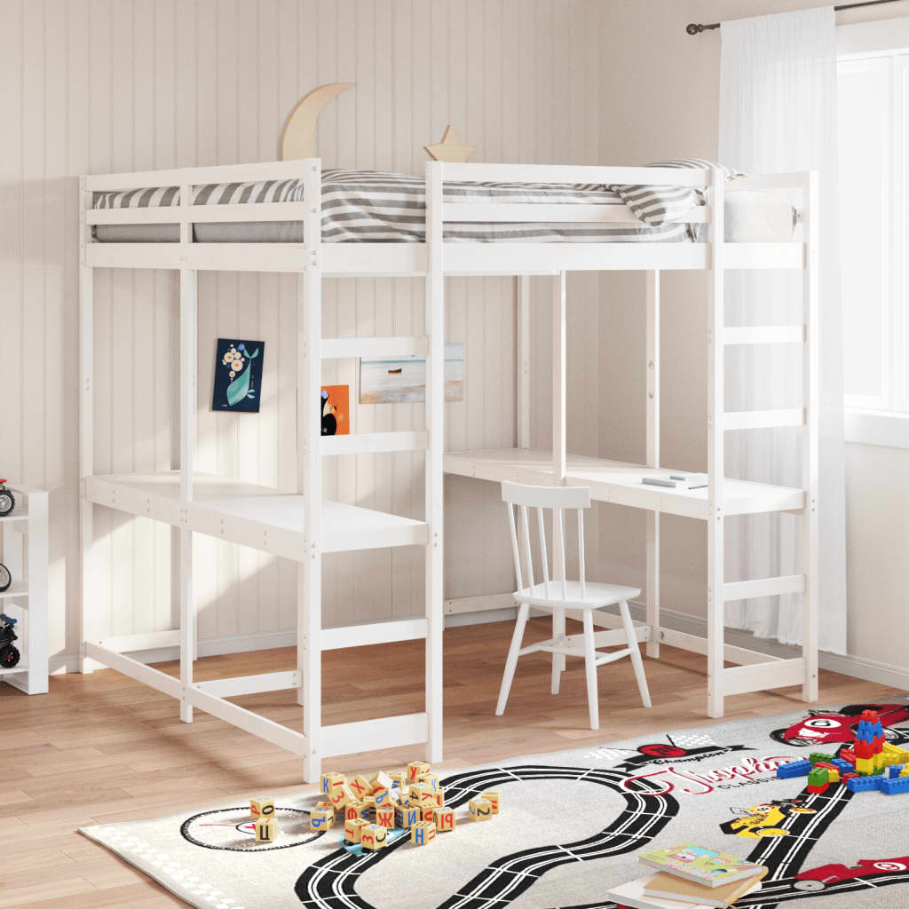 vidaXL Poschodová posteľ stolík a rebrík biela 200x200 cm borovica