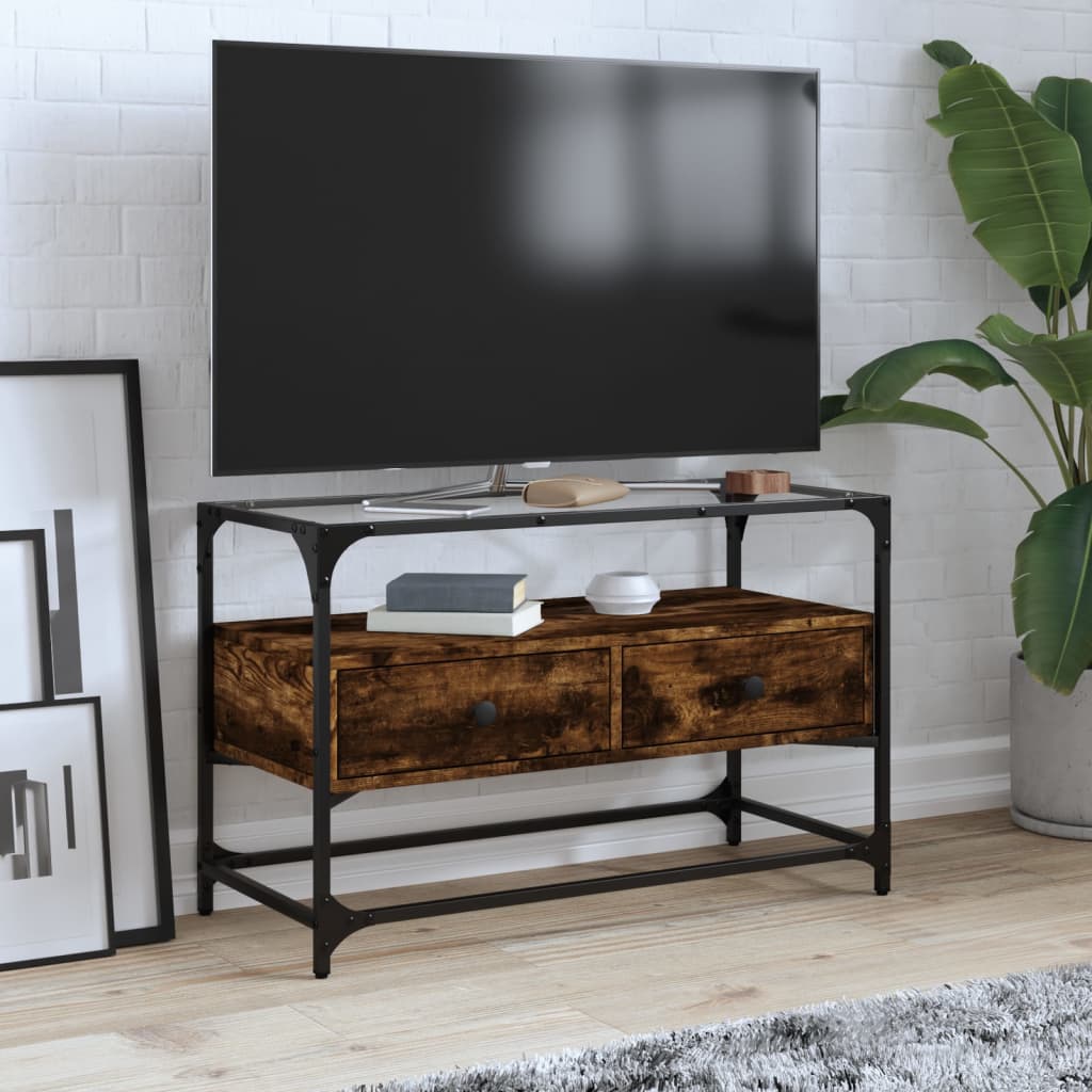 vidaXL TV skrinka sklenená doska dymový dub 80x35x51 cm kompoz. drevo