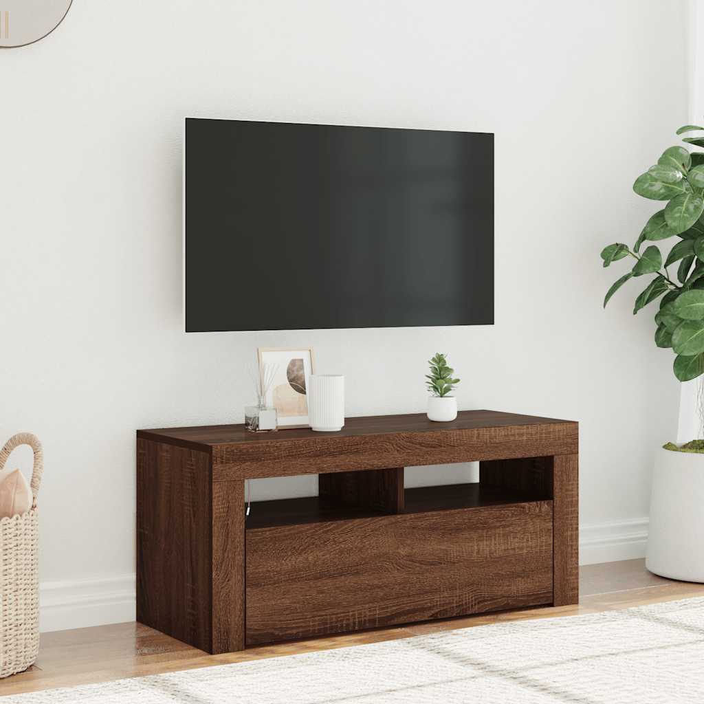 vidaXL TV skrinka s LED svetlami hnedý dub 90x35x40 cm