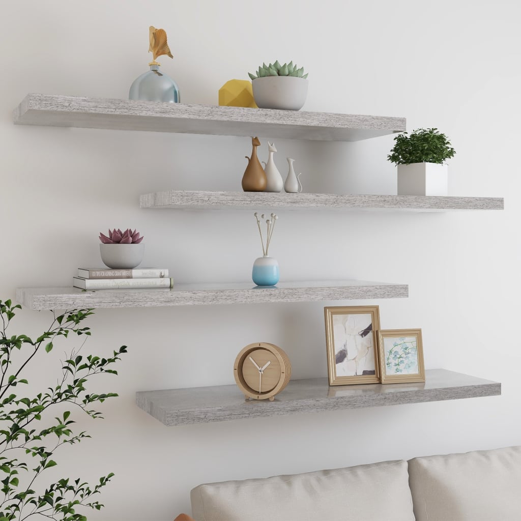 vidaXL Plávajúce nástenné police 4 ks betónovosivé 90x23,5x3,8 cm MDF