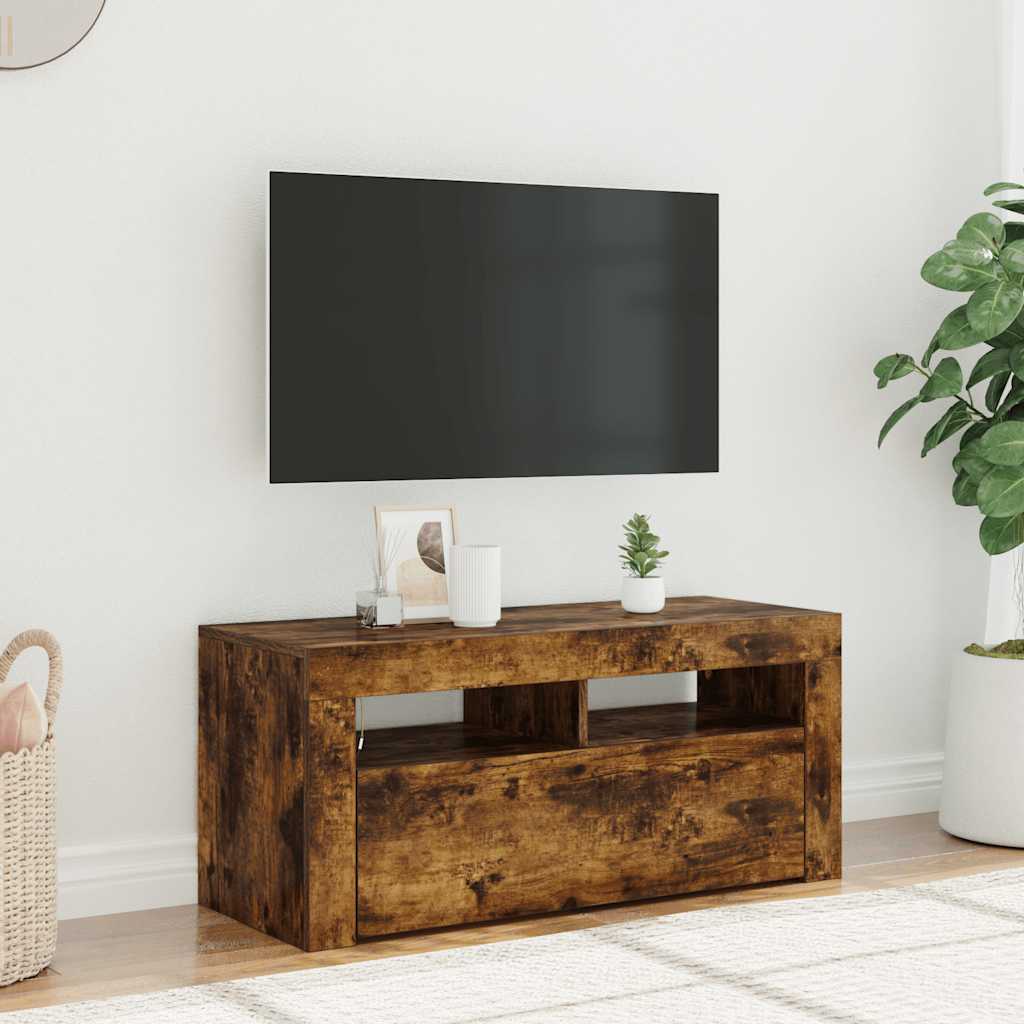 vidaXL TV skrinka s LED svetlami dymový dub 90x35x40 cm