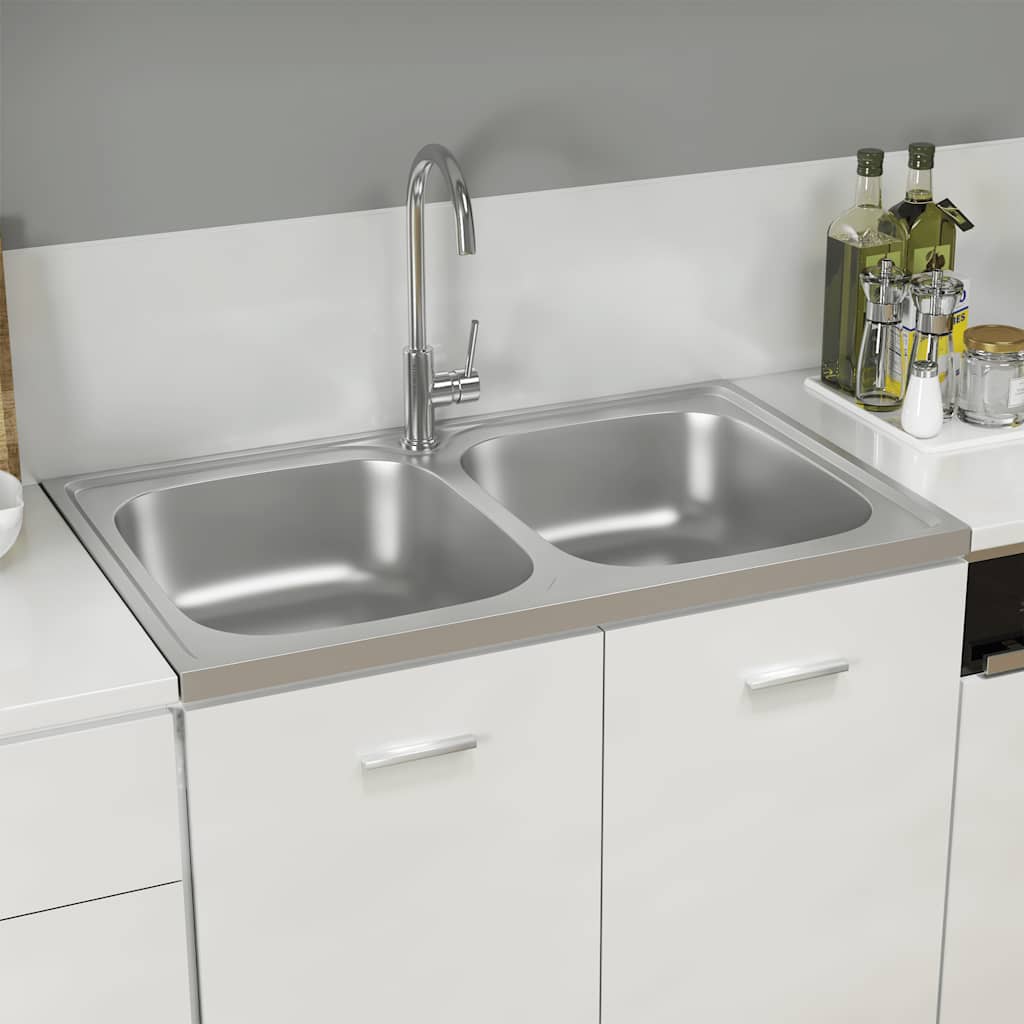 vidaXL Kuchynský drez, 2 vaničky, strieborný 800x500x155 mm, oceľ