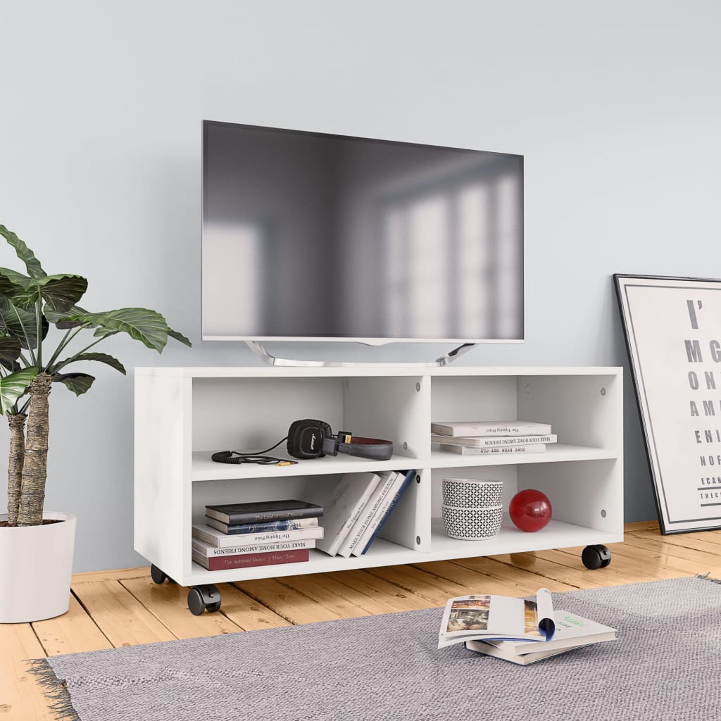 vidaXL TV skrinka s kolieskami, biela 90x35x35 cm, kompozitné drevo