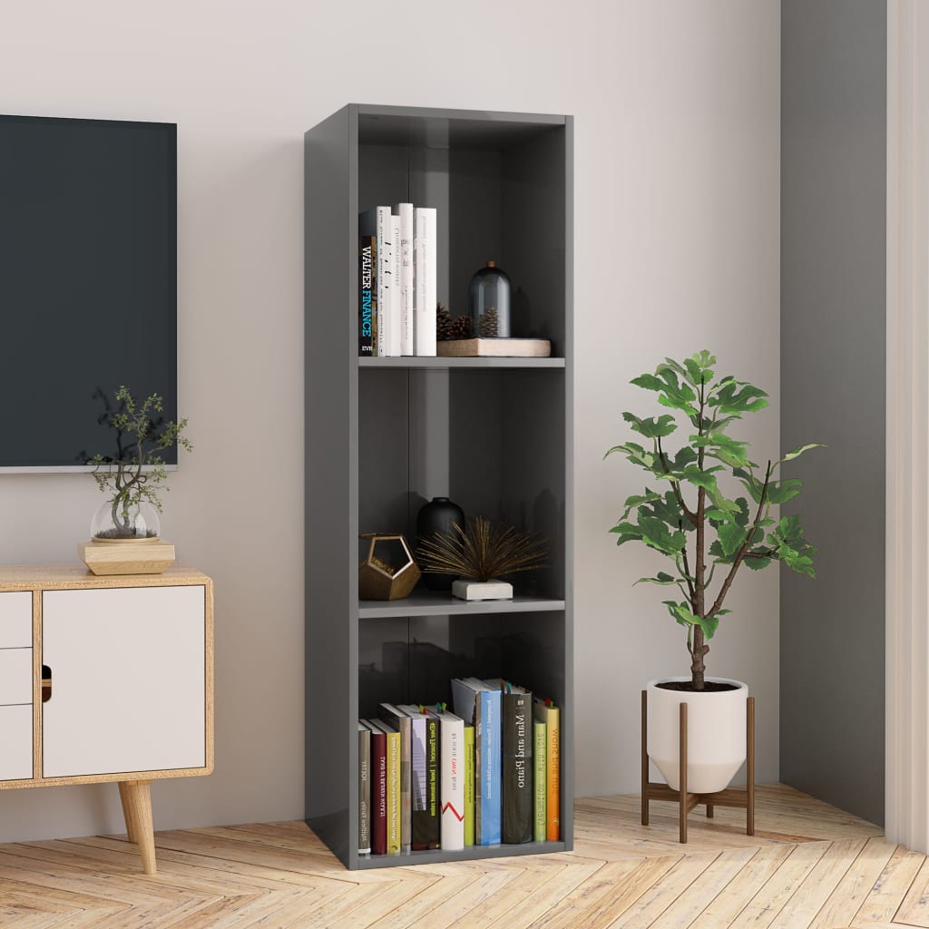 vidaXL Knižnica/TV skrinka, lesklá sivá 36x30x114 cm, kompozitné drevo