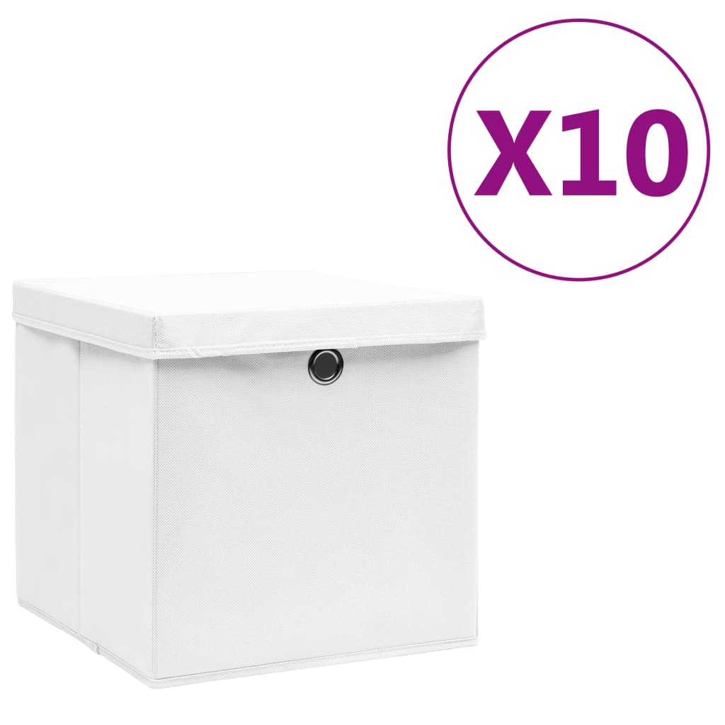 vidaXL Úložné boxy s vekom 10 ks, 28x28x28 cm, biele
