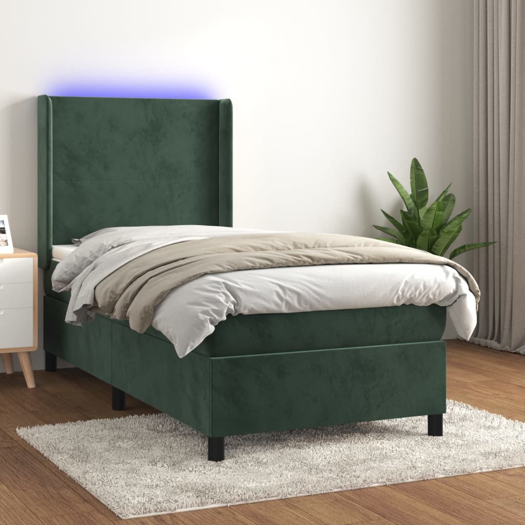 vidaXL Posteľný rám boxsping matrac a LED tmavozelený 100x200 cm zamat