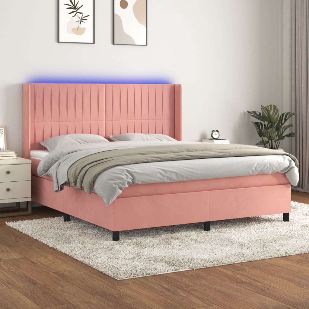vidaXL Posteľný rám boxsping s matracom a LED ružový 180x200 cm zamat