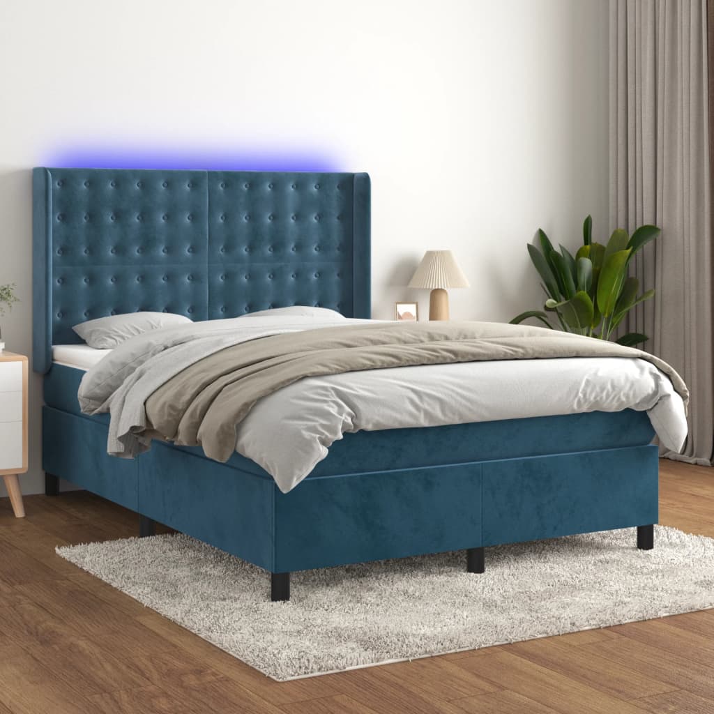 vidaXL Posteľný rám boxsping matrac a LED tmavomodrý 140x200 cm zamat
