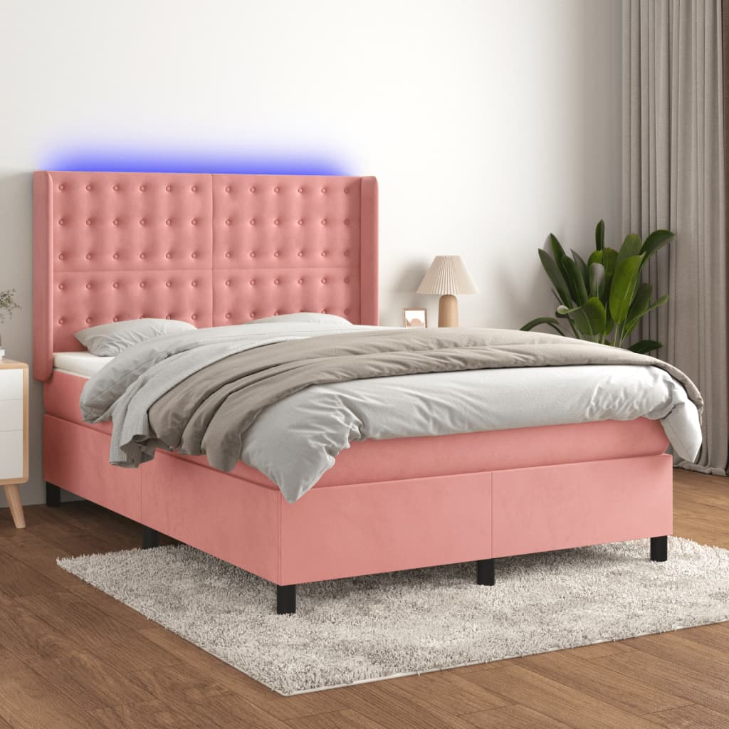 vidaXL Posteľný rám boxsping s matracom a LED ružový 140x200 cm zamat