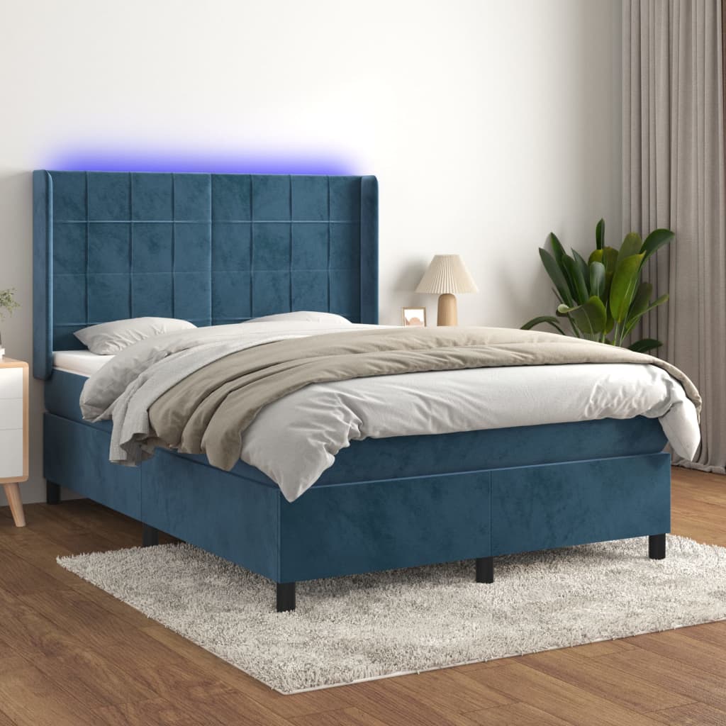 vidaXL Posteľný rám boxsping matrac a LED tmavomodrý 140x200 cm zamat