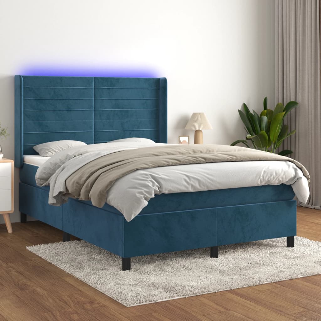 vidaXL Posteľný rám boxsping matrac a LED tmavomodrý 140x200 cm zamat