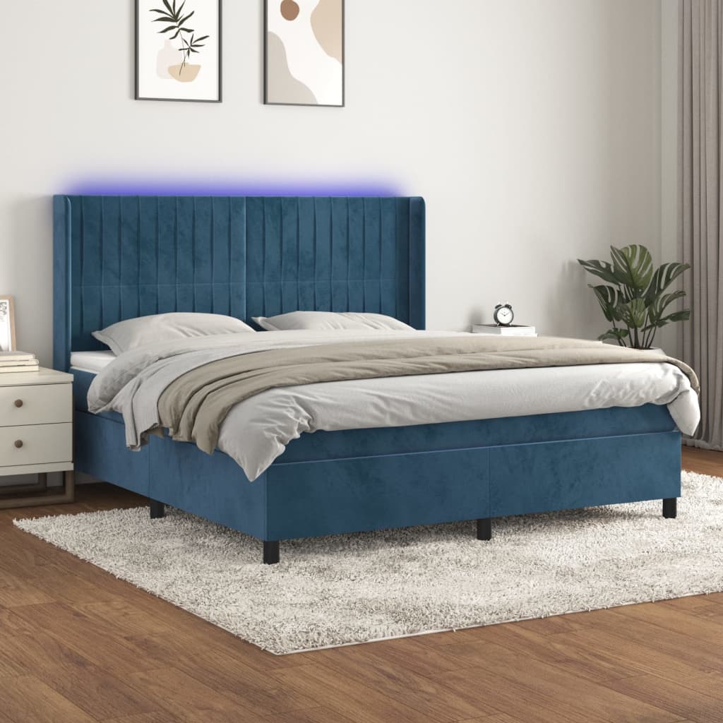 vidaXL Posteľný rám boxsping matrac a LED tmavomodrý 180x200 cm zamat