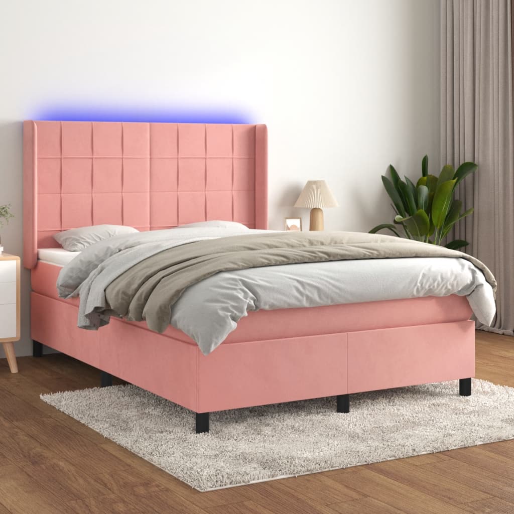 vidaXL Posteľný rám boxsping s matracom a LED ružový 140x200 cm zamat