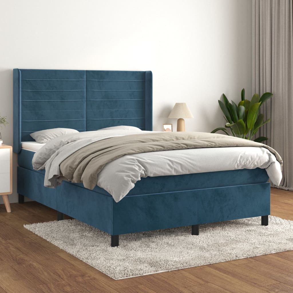 vidaXL Posteľný rám boxsping s matracom tmavomodrý 140x190 cm zamat