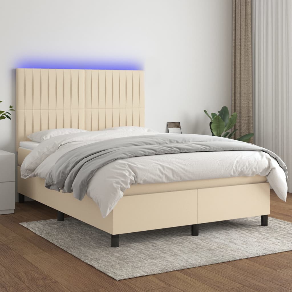 vidaXL Posteľ boxsping s matracom a LED krémová 140x200 cm látka