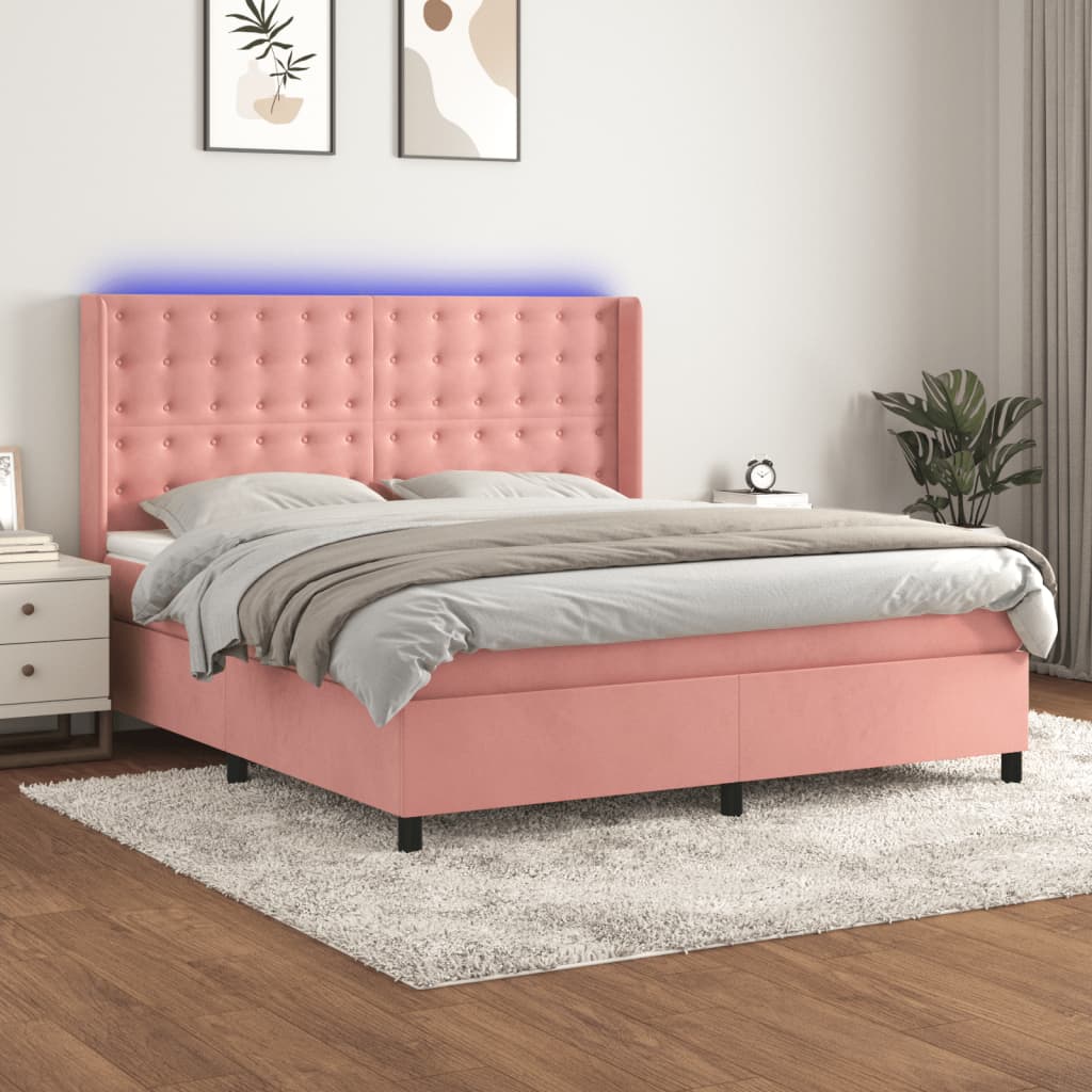 vidaXL Posteľný rám boxsping s matracom a LED ružový 180x200 cm zamat