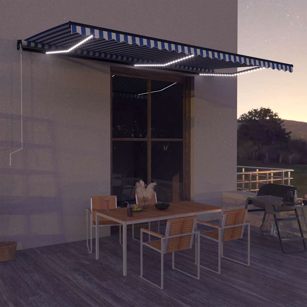 vidaXL Markíza so senzorom vetra a LED 600x300 cm modrá a biela