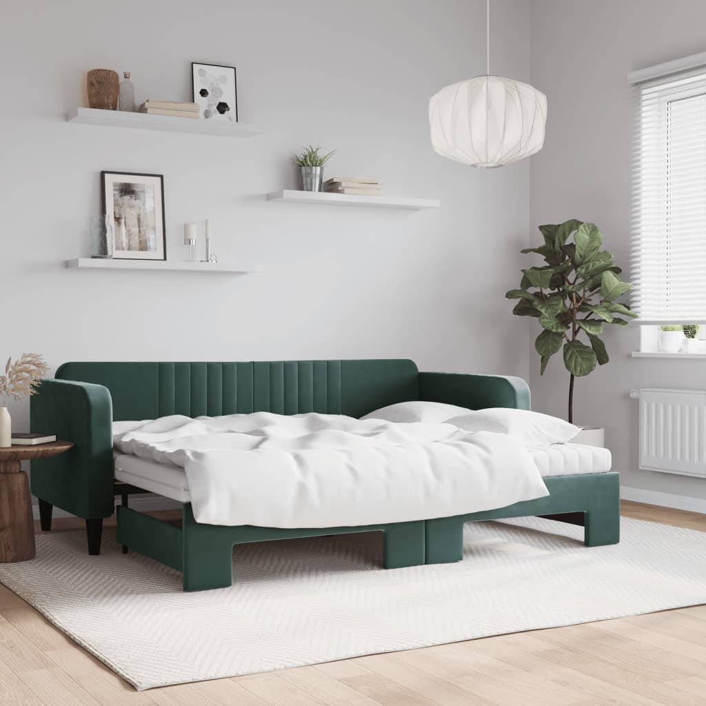 vidaXL Rozkladacia denná posteľ s matracmi tmavozelená 80x200 cm zamat