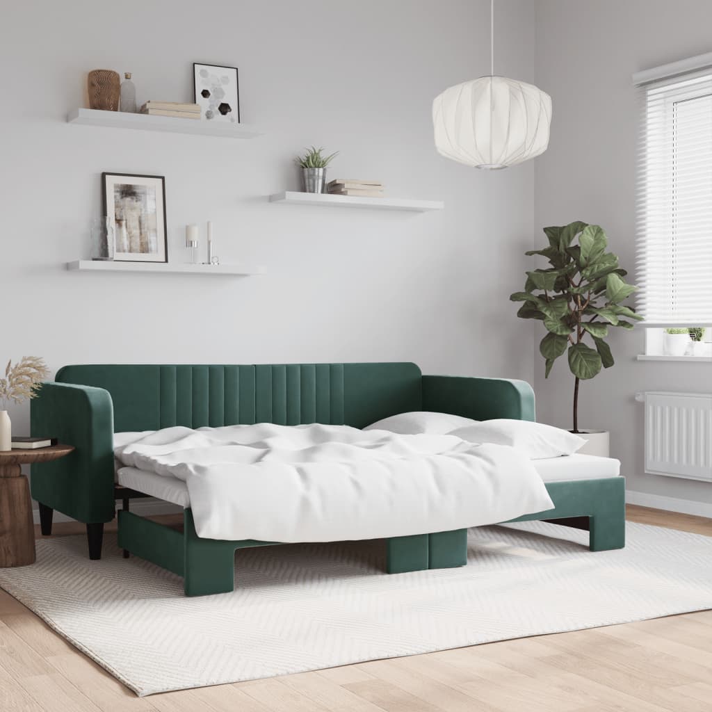 vidaXL Denná posteľ s rozkladacou posteľou tmavozelená 80x200 cm zamat