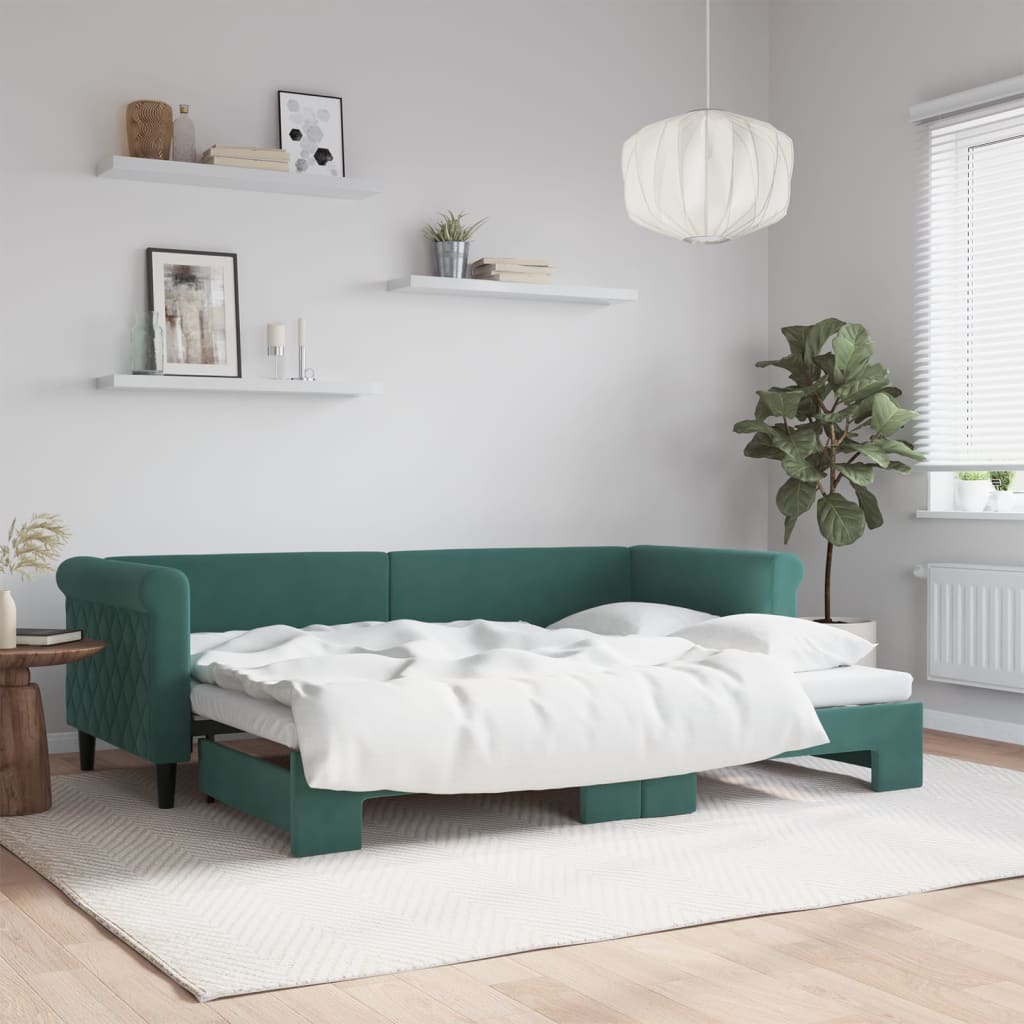 vidaXL Denná posteľ s rozkladacou posteľou tmavozelená 80x200 cm zamat