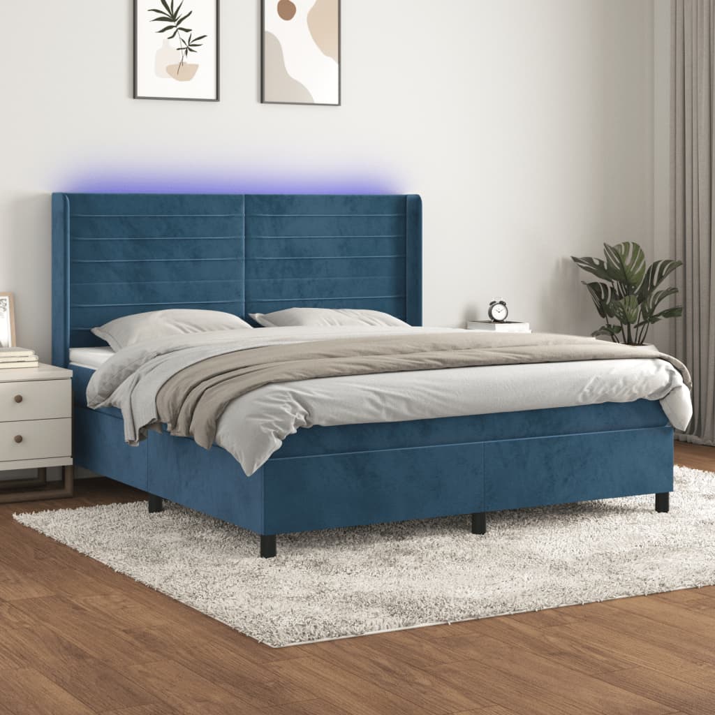 vidaXL Posteľný rám boxsping matrac a LED tmavomodrý 180x200 cm zamat