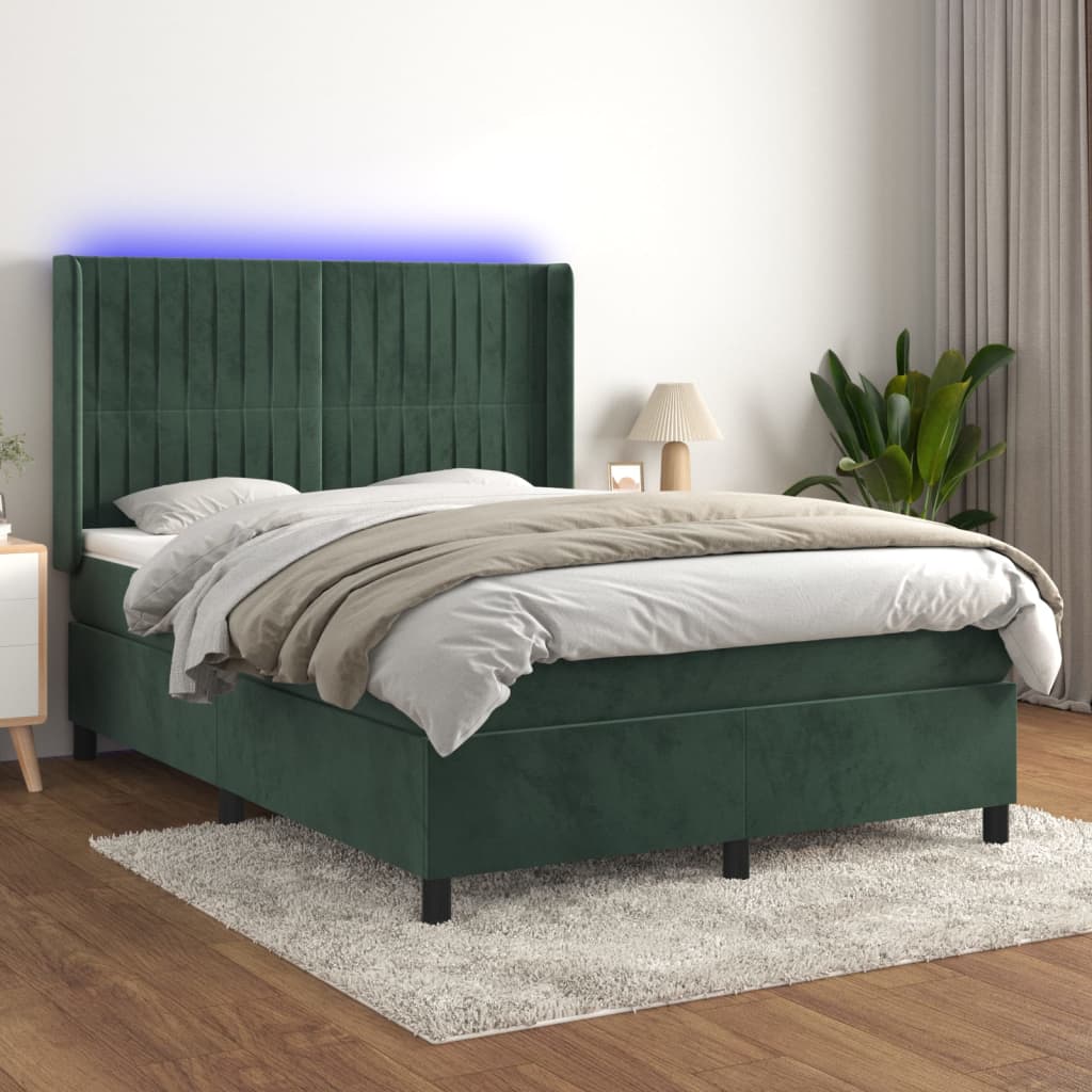 vidaXL Posteľný rám boxsping matrac a LED tmavozelený 140x200 cm zamat