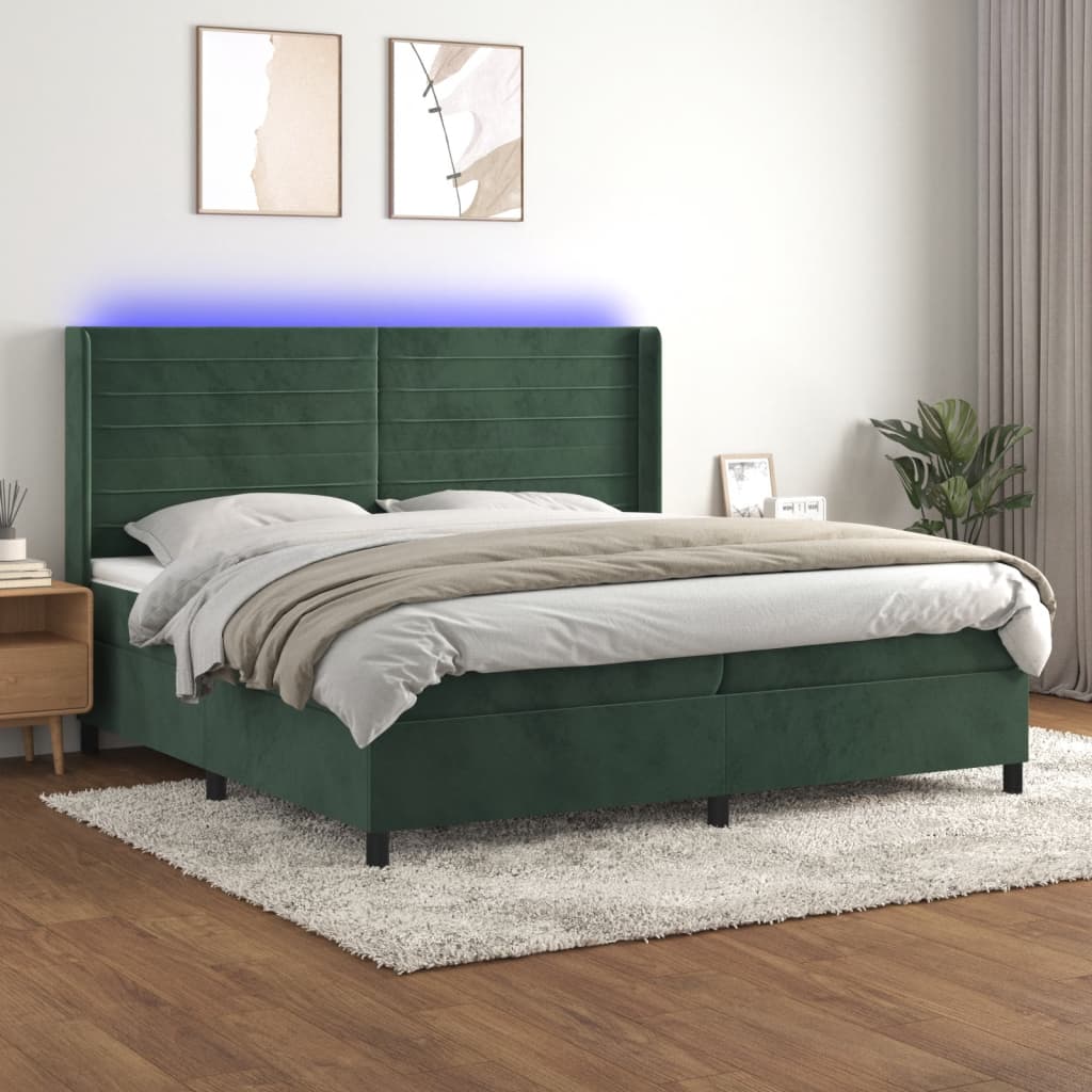 vidaXL Posteľný rám boxsping matrac a LED tmavozelený 200x200 cm zamat