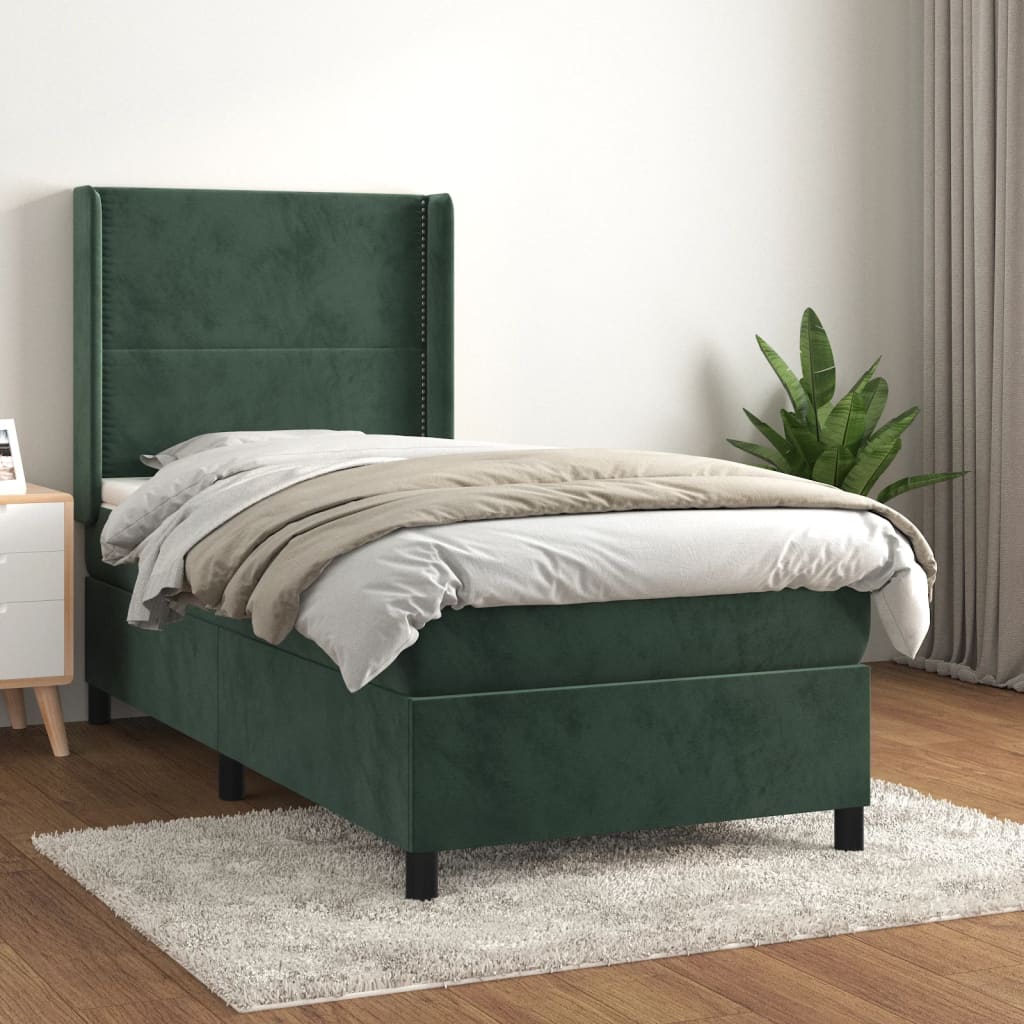 vidaXL Posteľný rám boxsping s matracom tmavozelený 90x200 cm zamat