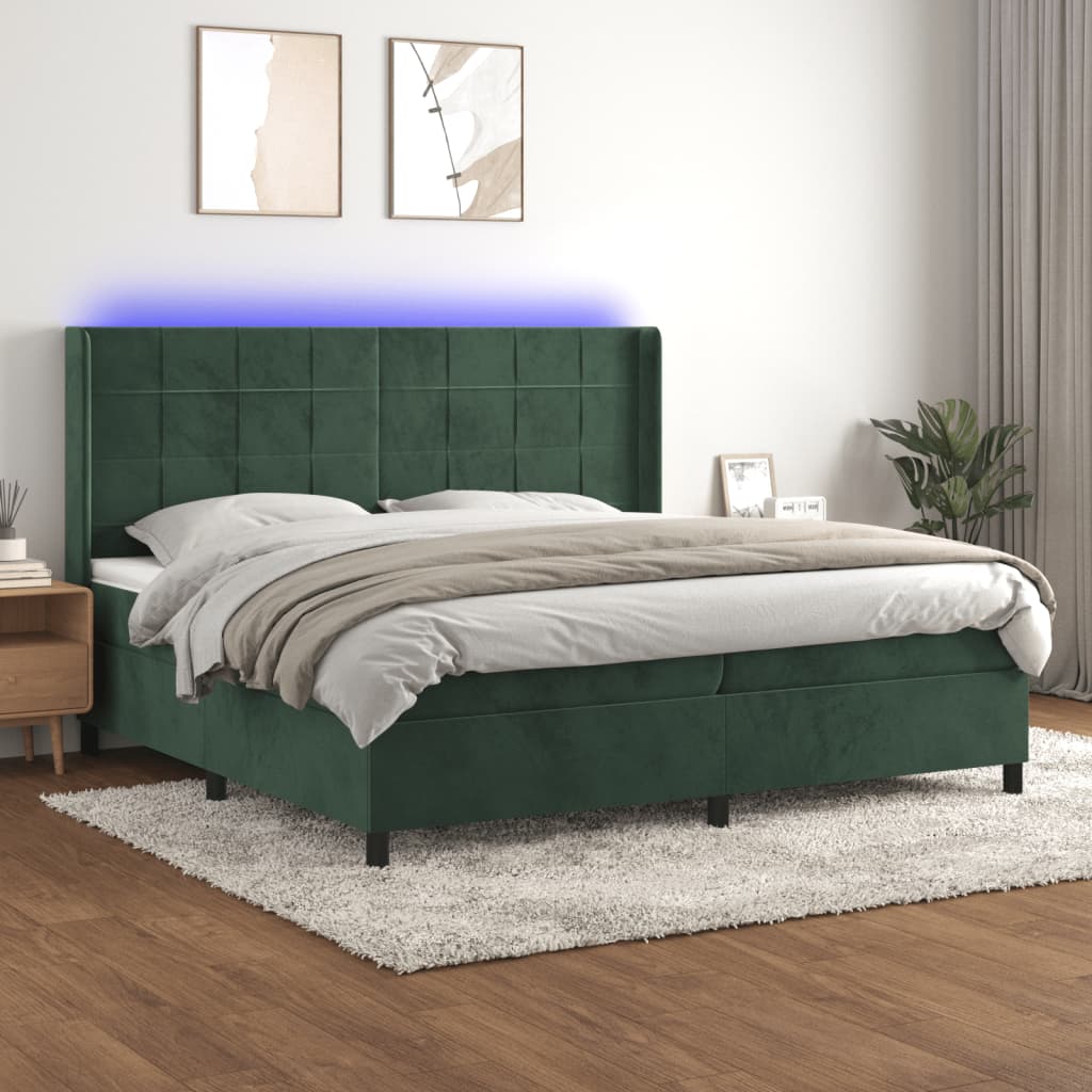vidaXL Posteľný rám boxsping matrac a LED tmavozelený 200x200 cm zamat