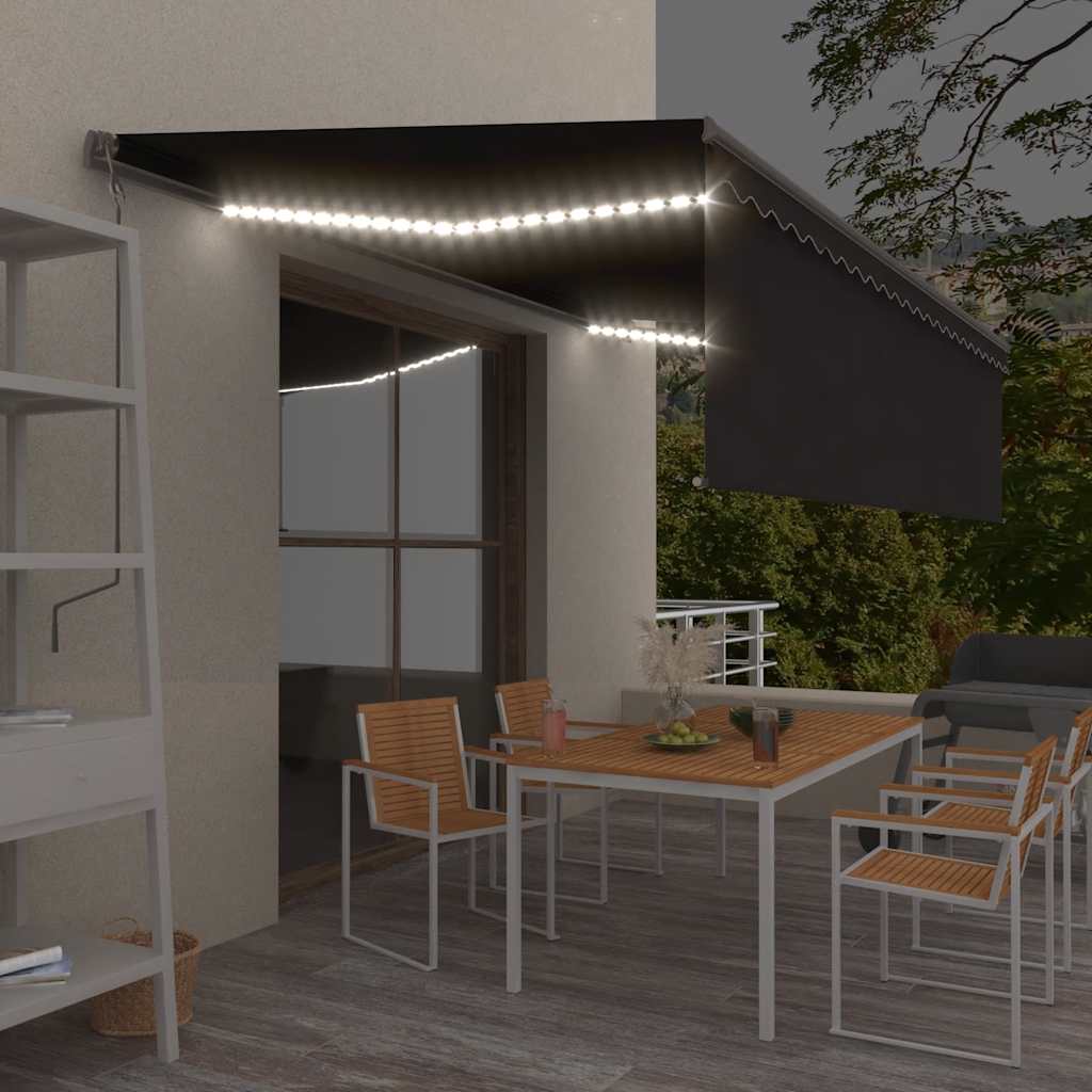 vidaXL Ručne zaťahovacia markíza s tienidlom a LED 5x3 m antracitová