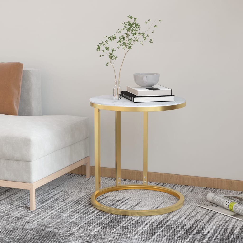 vidaXL Bočný stolík zlatý a biely mramorový 45 cm tvrdené sklo