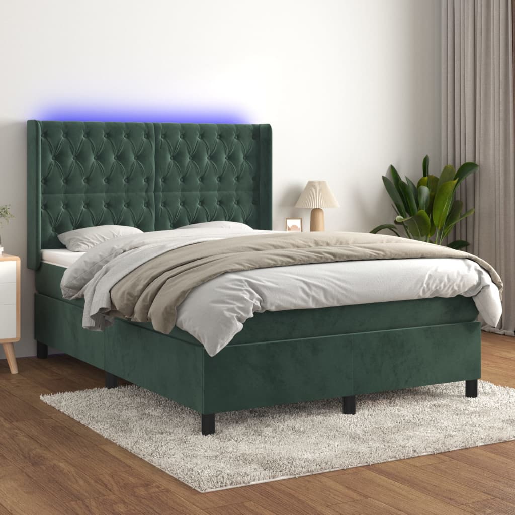 vidaXL Posteľný rám boxsping matrac a LED tmavozelený 140x200 cm zamat