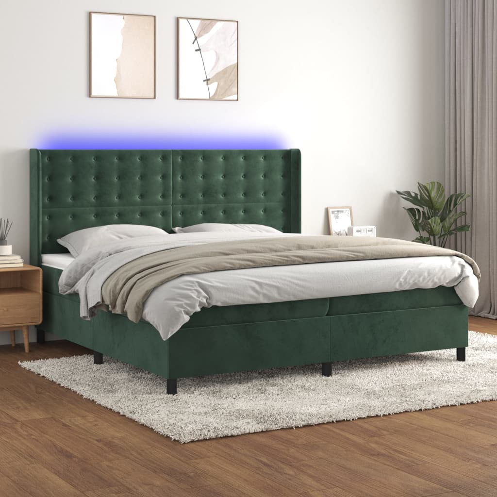 vidaXL Posteľný rám boxsping matrac a LED tmavozelený 200x200 cm zamat