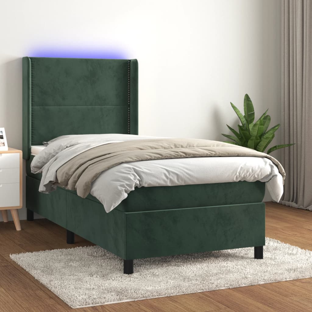 vidaXL Posteľný rám boxsping matrac a LED tmavozelený 80x200 cm zamat